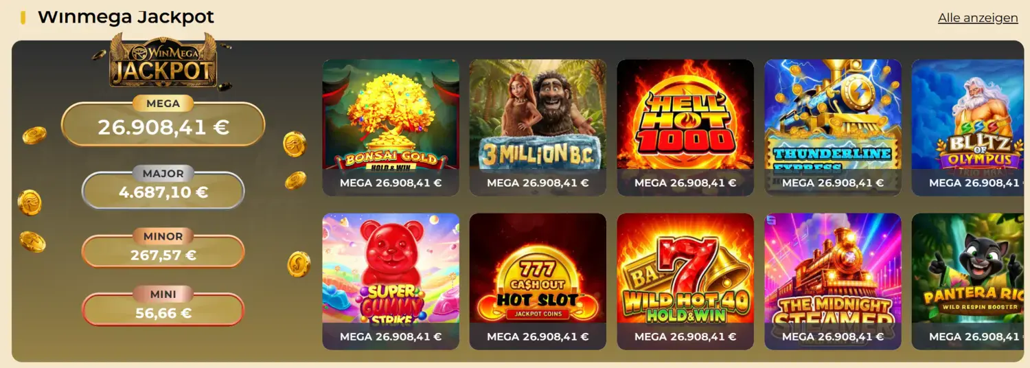 WinMega Casino Jackpot mit Mega-, Major-, Minor- und Mini-Gewinnstufen sowie Jackpot-Slots
