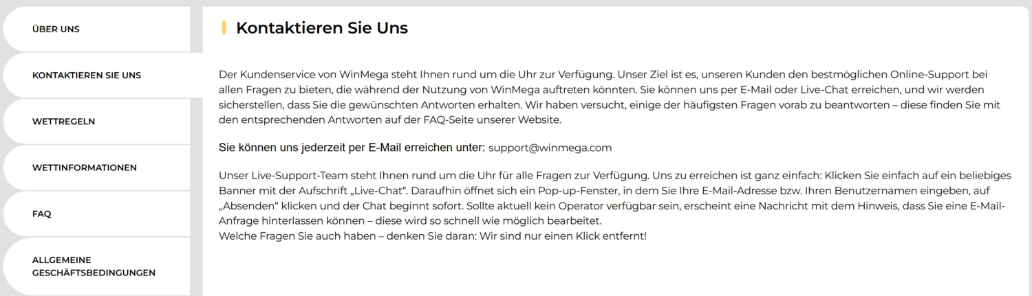 WinMega Casino Kundenservice mit 24/7 Live-Chat, E-Mail-Support und FAQ-Bereich