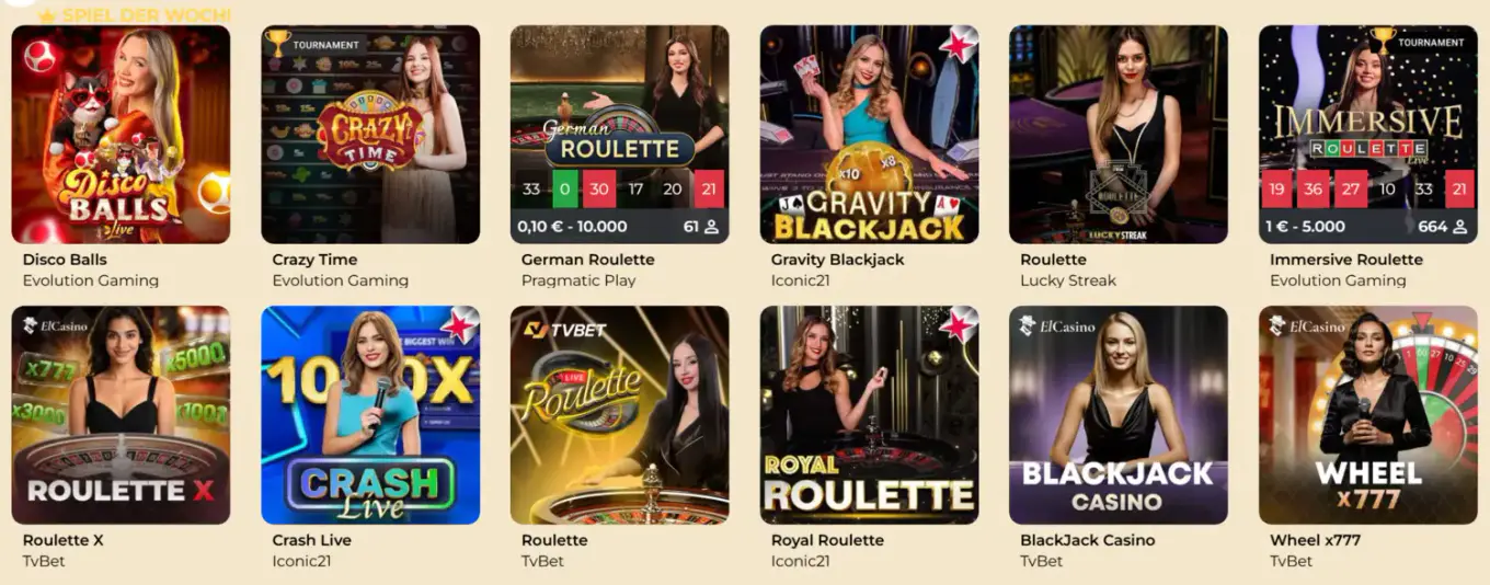WinMega Casino Live-Spiele mit Roulette, Blackjack, Crazy Time und weiteren Live-Casino-Titeln