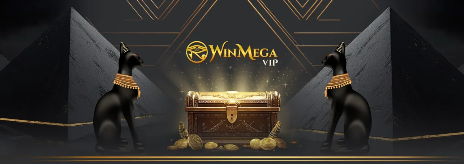 WinMega Casino VIP-Club mit ägyptischen Pyramiden, Katzenstatuen und goldener Schatztruhe